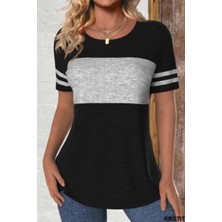 Mossta Çizgili Kollu Blok Desenli Viskon Bluz - Siyah