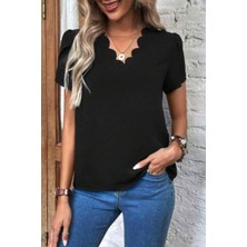 Mossta Kısa Kollu V Yaka Krep Bluz - Siyah