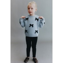 Magu Kız Çocuk Pamuklu Gri Fiyonk Detaylı Triko Kazak – Siyah Ribana Taytlı Takım