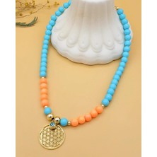 Nevoka Mavi Turuncu Akrilik Boncuklu Yaşam Çiçeği Kolye