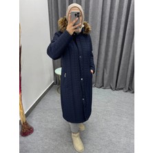 TUTveAL Collection Kadın Içi Kürklü Mont Uzun Kapitone Mont Kapüşonlu Büyük Beden Mont Lacivert-48