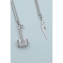 Alooya 2'li Thor Çekiç Şimşek Gümüş Kaplama Kolye Seti