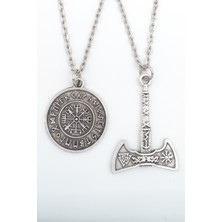 Alooya 2'li Viking Pusula - Viking Balta Gümüş Kaplama Kolye Seti