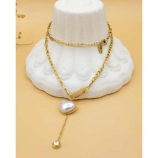 Nevoka Luna Kalp Inci Detaylı Gold Çelik Kolye