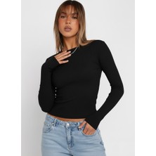 Swalora Bisiklet Yaka Uzun Kollu Fitilli Crop Bluz