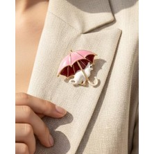 Nevoka Pembe Şemsiyeli Beyaz Kedi Broş