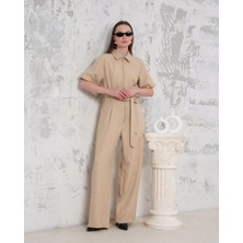 Kazax Kuşaklı gömlek yaka salaş tulum bej s255822