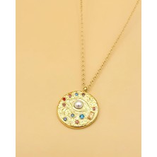 Nevoka Astraya Sembol Çelik Gold Incili Yuvarlak Kolye