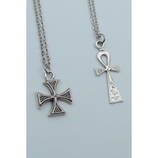 Alooya 2'liSembollü Ankh Anahtarı Nil’in Anahtarı Gamalı Haç Gümüş Kaplama Kolye Seti