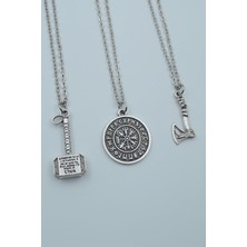 Alooya 3'lü Thor Çekiç Viking Balta Viking Pusula Gümüş Kaplama Kolye Seti