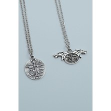 Alooya 2'li Kam Davulu Şaman Davulu Kurt Gümüş Kaplama Kolye Seti