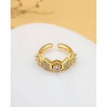 Nevoka Gold Petek Formlu Yarım Tur Zirkon Yüzük