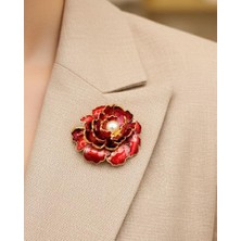 Nevoka Incili Kırmızı Gold Gül Broş