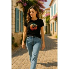 Mossta Bisiklet Yaka Palmiye Baskılı Viskon Bluz - Siyah