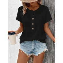 Bosel Kadın Kısa Kollu Yakası Açık Önden Düğmeli Waffle Bluz