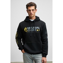 Grimelange CORNELIUS Erkek Önü Ve Kolları Baskılı Kapüşonlu Kordonlu Kanguru Cepli Siyah Sweatshirt