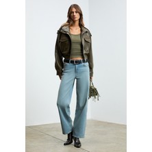 Lıllesol Kadın Fitilli Görünümlü Slim Fit Vücuda Oturan Havuz Yakalı Pamuklu Basic Haki Atlet