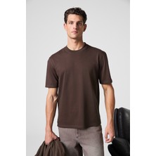 Grimelange Solo Erkek %100 Organik Pamuklu Kalın Dokulu Comfort Fit Bisiklet Yakalı Kahverengi T-Shirt