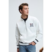 Grimelange PLATA Erkek Yarım Fermuarlı Kanguru Cepli Etek Ve Kolda Triko Detay Relaxed Fit Ekru Sweatshirt
