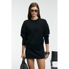 Grimelange NANNA Kadın Oversize Fit Yumuşacık Kaşmir Tuşesinde Bisiklet yaka Kalın Triko Siyah Kazak