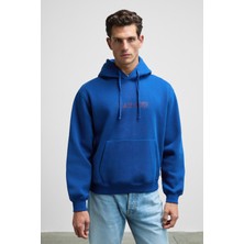 Grimelange BLAISE Erkek Önü Ve Sırtı Baskılı Kapüşonlu Kordonlu Kanguru Cepli Regular Fit Mavi Sweatshirt
