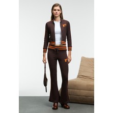 Grimelange Menttaque Kadın Triko Kemerli Kontrast Biyeli Nakışlı Kahverengi Eşofman Altı