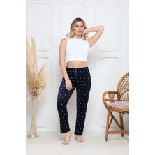 Kazax Kadife Pijama Altı Lacivert Üzerine Beyaz Pontiye Desenli Q7013