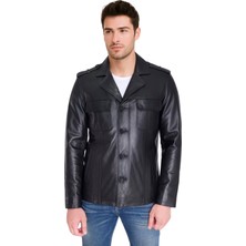 Derije David Hakiki Deri Erkek Siyah Cep Kapaklı Spor Ceket