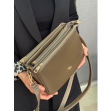 Asel Çanta,üç Bölmeli,fermuar Detaylı , Vizon Bayan Çapraz Çantası