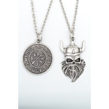 Alooya 2'li Viking Sakallı Kuru Kafa - Viking Pusula Gümüş Kaplama Kolye Seti