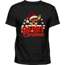 Efendioğlu Design Geyik Merry Christmas Baskılı Kısa Kollu Pamuklu Nakış Baskılı Yetişkin T-Shirt