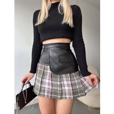 Kazax Deri garnili cepli ekose etek siyah s24604