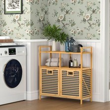 Begin Power Bambu 2 Bölmeli Kirli Çamaşır Sepeti 2 Raflı Banyo Düzenleyici Dolap Banyo Dolabı