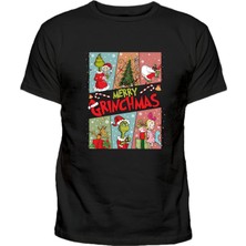 Efendioğlu Design 6 Foto Işıklı Merry Grinchmas Baskılı Yılbaşı Yeni Yıl Yetişkin Kısa Kollu T-Shirt