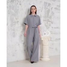 Kazax Kuşaklı Gömlek Yaka Salaş Tulum Gri S255822