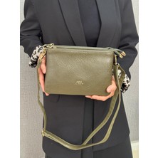 Asel Çanta,üç Bölmeli,fermuar Detaylı ,haki Bayan Çapraz Çantası