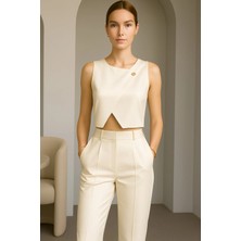 Nsm Asimetrik Saten Büstiyer Gold Düğmeli Crop Model Sade Şık Büsiyer