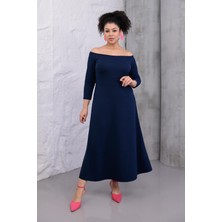 Madwilo Kadın Lacivert Kayık Yaka Truvakar Kol Kuplu Büyük Beden Esnek Elbise