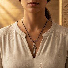 Alooya Ankh Anahtarı - Nil'in Anahtarı Gümüş Kaplama Deri İp Kolye