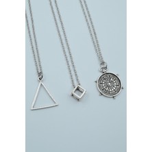 Alooya 3'lü Geometrik Üçgen Küp Antik Pusula Gümüş Kaplama Kolye Seti