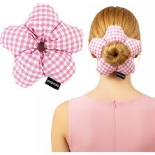 Woodycord El Yapımı Pembe Beyaz Pötikareli Çiçek Scrunchie Topuz Tokası