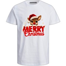 Efendioğlu Design Geyik Merry Christmas Baskılı Kısa Kollu Pamuklu Nakış Baskılı Yetişkin T-Shirt