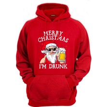 Efendioğlu Design Kapüşonlu I'm Drunk Baskılı Noel Baba Merry Christmas Baskılı Sweatshirt