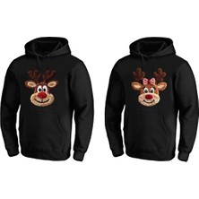 Efendioğlu Design Kapüşonlu 2 Adet Sevgili Sweatshirt Geyikler Baskılı Pamuklu 3 Iplik Şardonlu