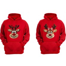 Efendioğlu Design Kapüşonlu 2 Adet Sevgili Sweatshirt Geyikler Baskılı Pamuklu 3 Iplik Şardonlu