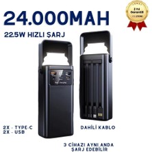 Hzl 24.000mAh Dijital Göstergeli Taşınabilir Kulplu 22.5W Hızlı Şarjlı Dahili Kablolu LED Fenerli Powerbank Type-C, Lightning, USB Hafif Askı Aparatlı Kamp Uyumlu Dayanıklı