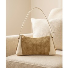 Kadın Krem Simli Hasır Detaylı Baget Model Deri Ayarlanabilir Askılı Şık Kadın El ve Omuz Çantası