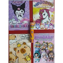 Ada Çanta Kırtasiye 4 Adet Stickerli Boyama Kitabı ve 12 Li Tüp Kuru Boya Kalemi (Kuromiy/crybaby/capybaray/unicorns)
