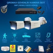 Qromax 2 Kameralı Set - Yapay Zeka Özellikli İnsan Yüz Araç Tanımalı Gece Renkli Gösteren 5 MP SONY Lensli 4 Warm Ledli FULLHD Güvenlik Kamerası Seti 3404W-114