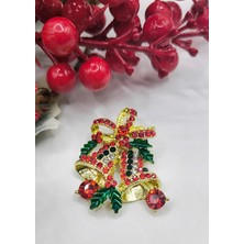 The Secret Desire Taşlı Yılbaşı Çan Broş – Kırmızı & Altın Renk Işıltılı Noel Broşu